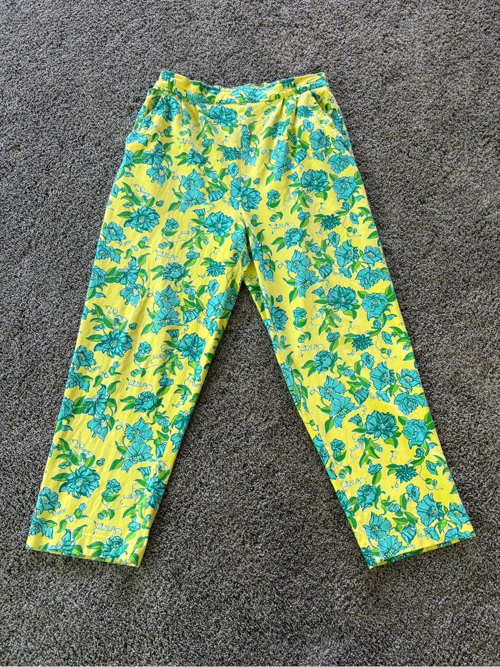 Vintage Lilly Pulitzer Pants White Label Floral Yellow Blue Green Size L Pull On